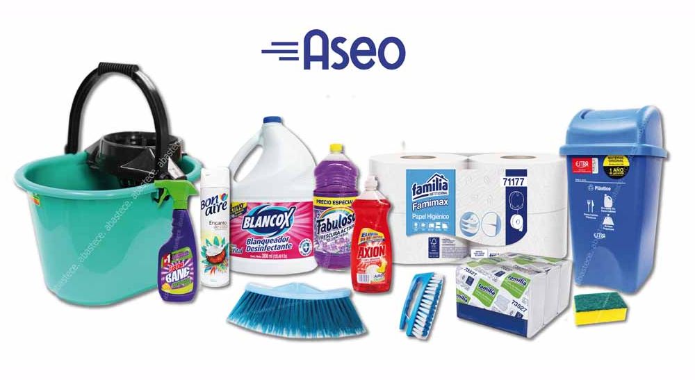Productos de aseo: detergentes, papel higiénico, balde, jabón, escoba, esponja, limpia pisos, desinfectante, lavaloza.