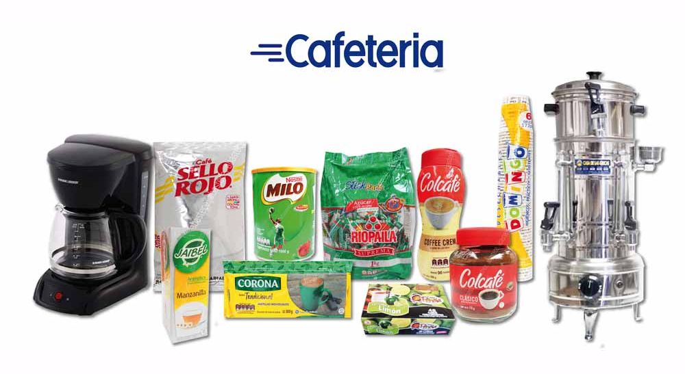 Productos de cafetería: cafetera, café, chocolate, azucar, panela, vasos desechables.