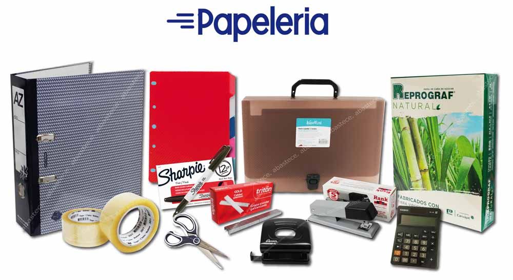 Productos de papelería: resmas, carpetas, cintas, tijeras, grapadora, calculadora, marcador.
