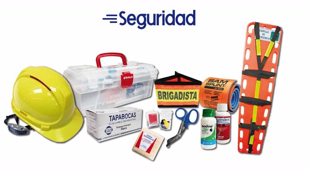 Productos de seguridad industrial: casco, camilla, botiquín de primeros auxilios, tapabocas.