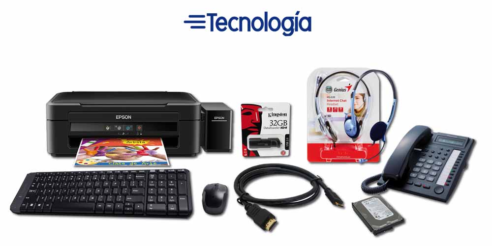 Productos de tecnología para oficina: impresora, teclado, diadema, audífonos, teléfonos, cables HDMI, USB, mouse.